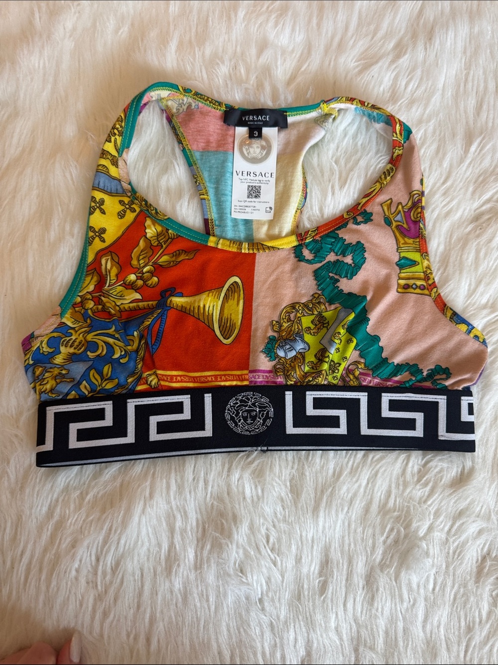 Versace Multicolor Baroque Print Racerback Sports Bra with Black Greca Band